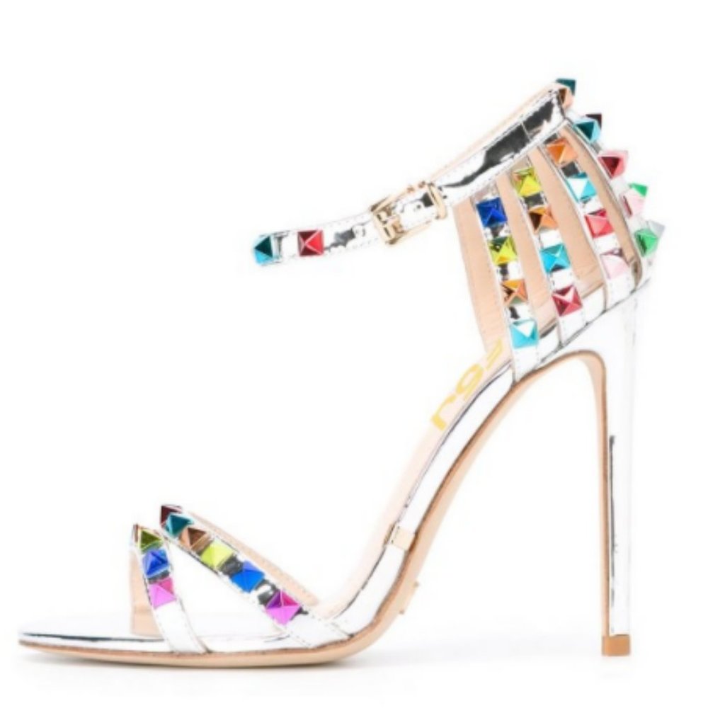FSJ Silver Studs Shoes Ankle Strap Mirror Leather